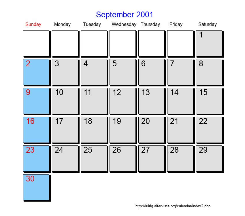 September 2001 Roman Catholic Saints Calendar