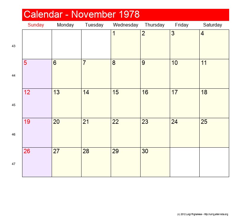 November 1978 Roman Catholic Saints Calendar