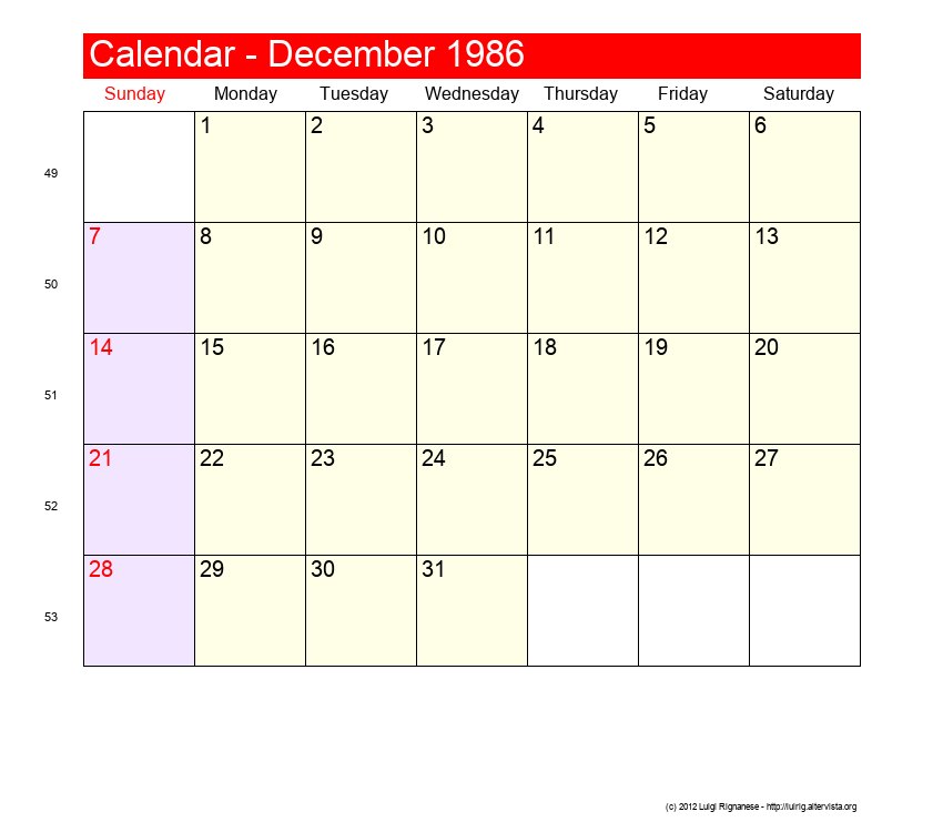 December 1986 Roman Catholic Saints Calendar