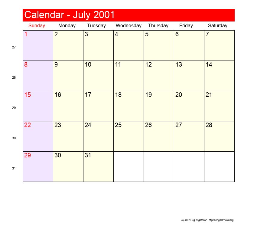 July 2001 Roman Catholic Saints Calendar