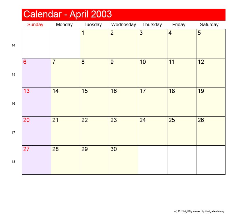 April 2003 Roman Catholic Saints Calendar