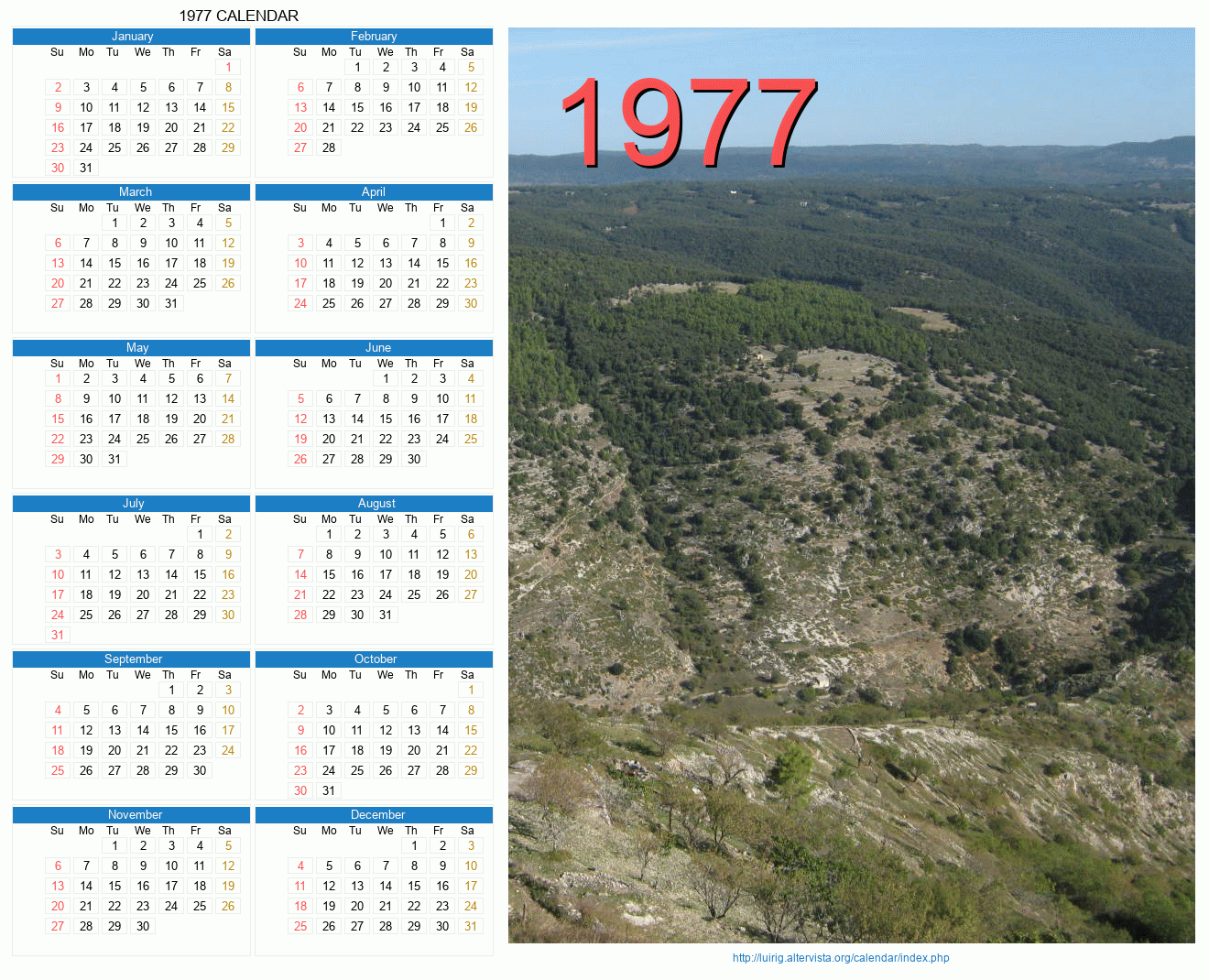 1977 Calendar Jahreskalender fuer das jahr 1977 auch zum ausdrucken und einbinden in die eigene seite. luirig altervista org