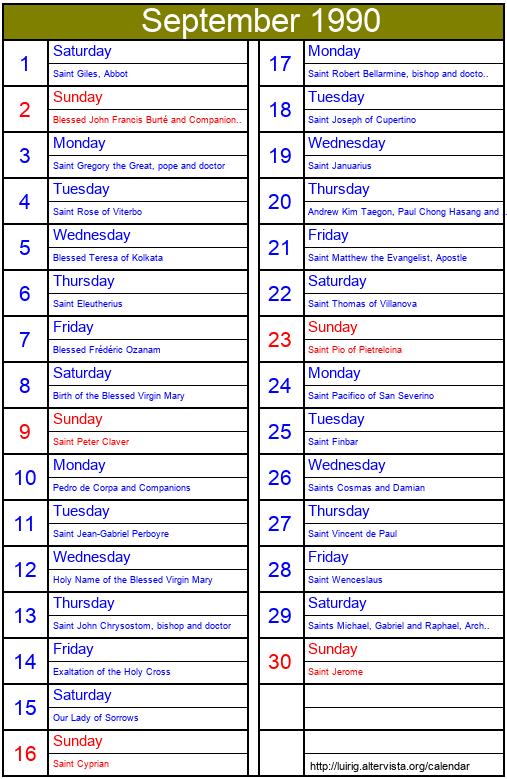September 1990 Roman Catholic Saints Calendar