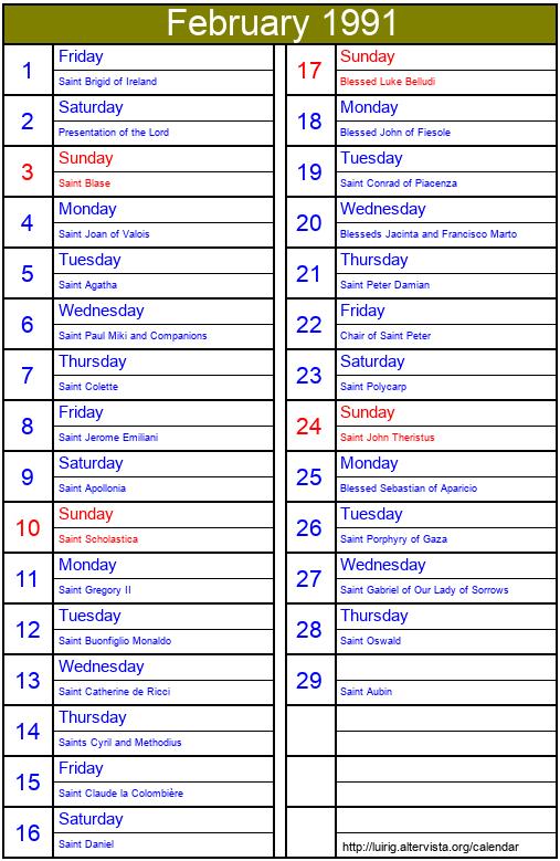 February 1991 Roman Catholic Saints Calendar