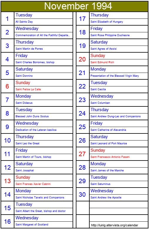 November 1994 Roman Catholic Saints Calendar