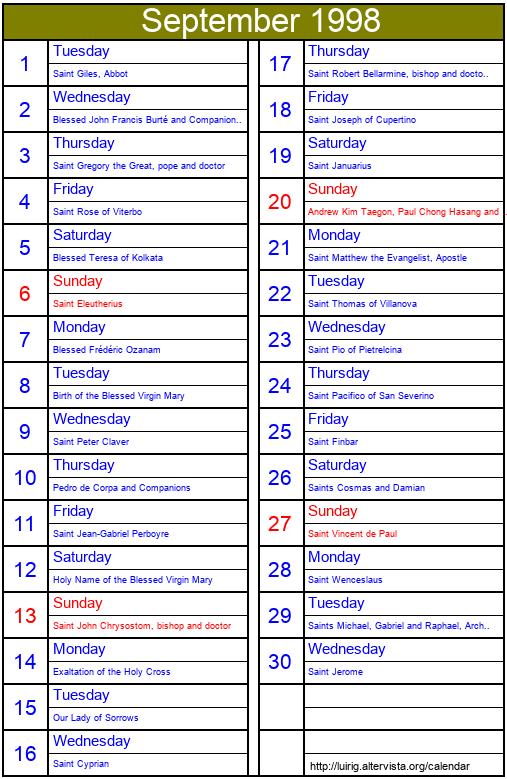 September 1998 Roman Catholic Saints Calendar