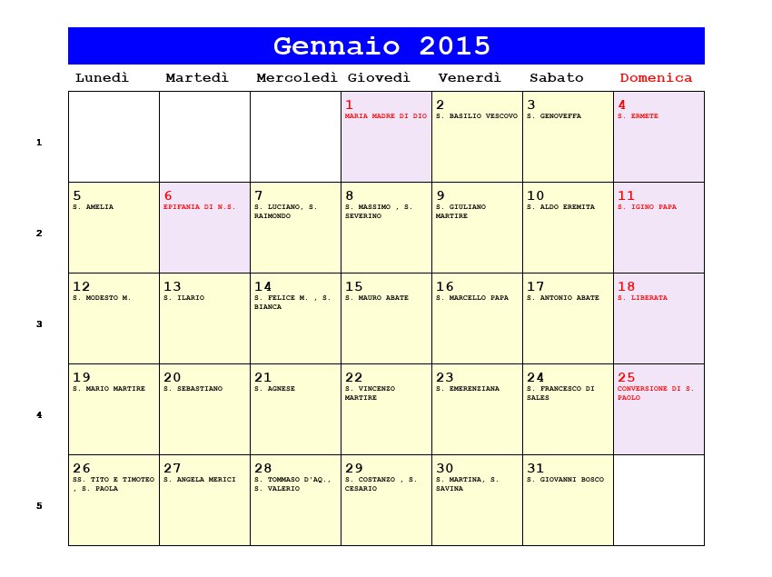 Calendario da stampare Gennaio 2015