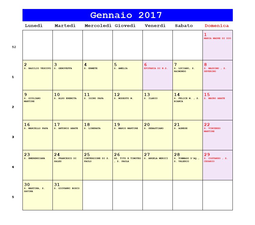 Calendario da stampare Gennaio 2017