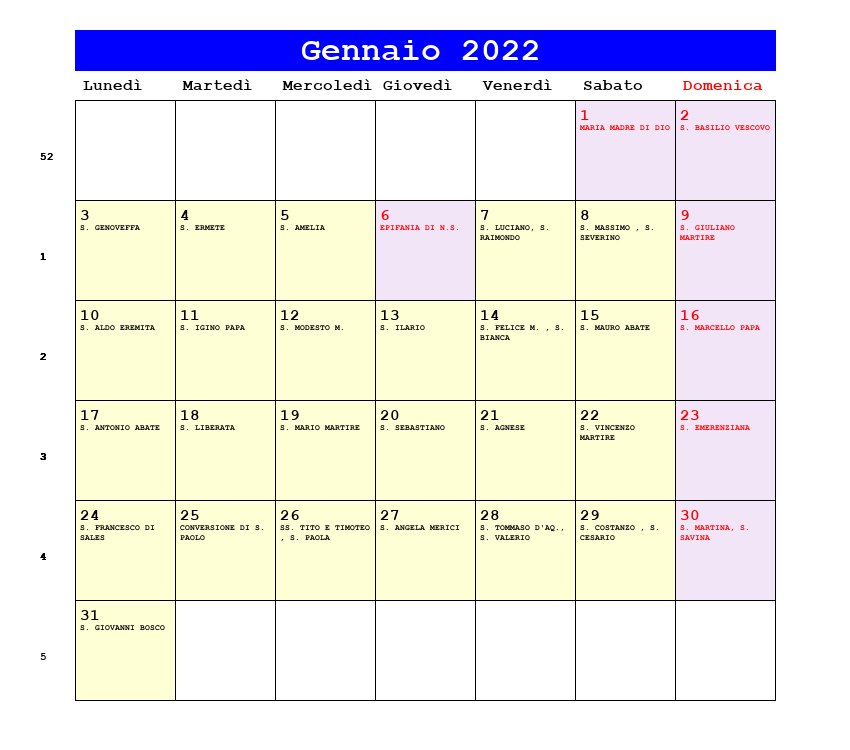 Calendario da stampare Gennaio 2022