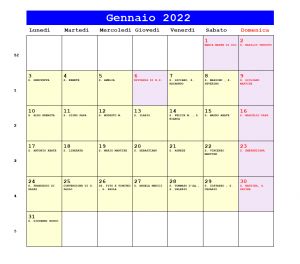 Calendario da stampare - Gennaio 2022