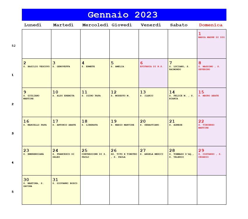 Calendario da stampare Gennaio 2023