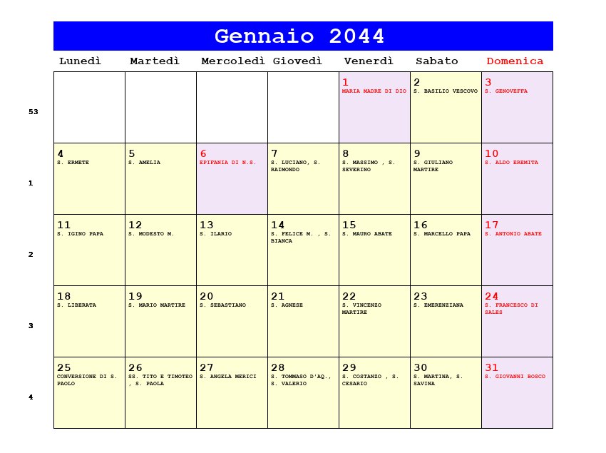 Calendario da stampare Gennaio 2044