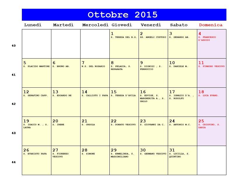 Calendario da stampare Ottobre 2015