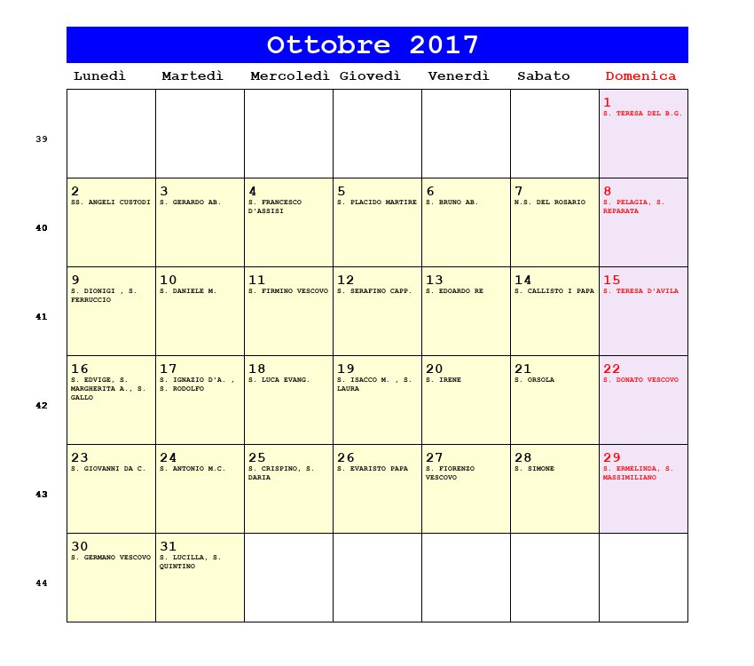 Calendario da stampare Ottobre 2017