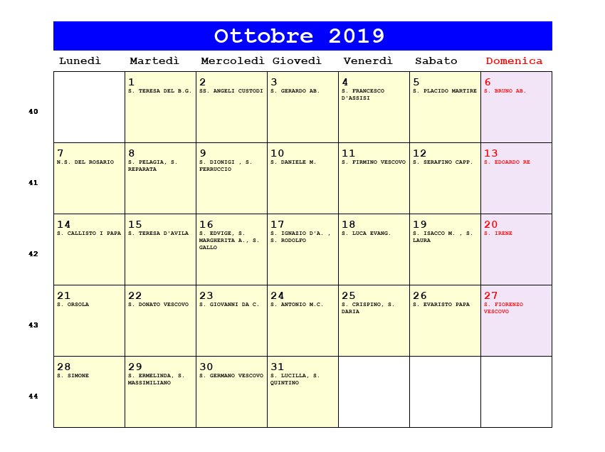 Calendario da stampare Ottobre 2019
