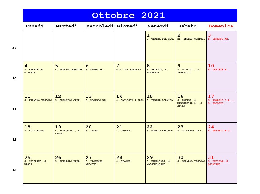 Calendario da stampare Ottobre 2021