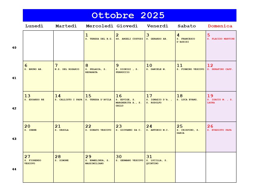 Calendario da stampare Ottobre 2025
