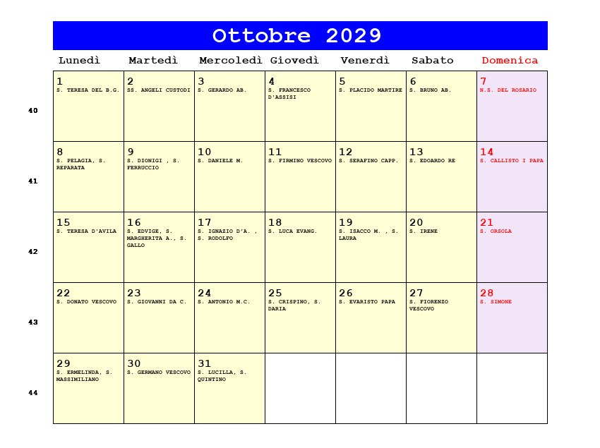 Calendario da stampare Ottobre 2029