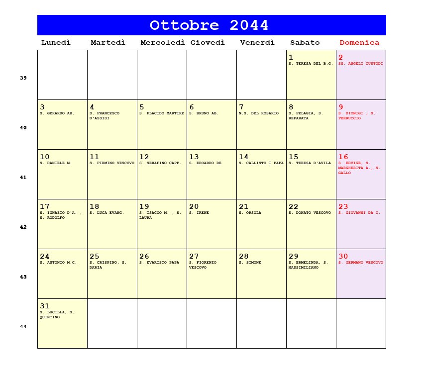 Calendario da stampare Ottobre 2044