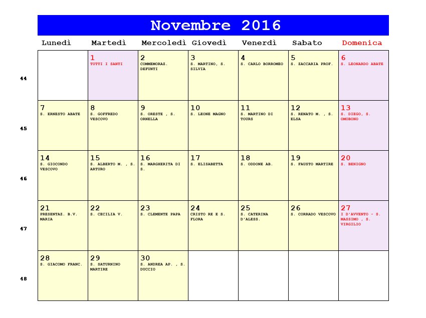 Calendario da stampare Novembre 2016