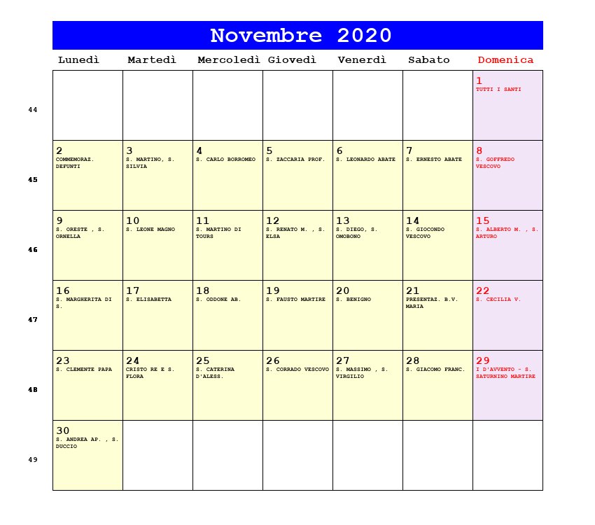 Calendario da stampare Novembre 2020
