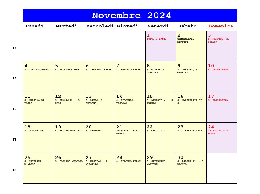 Calendario da stampare Novembre 2024