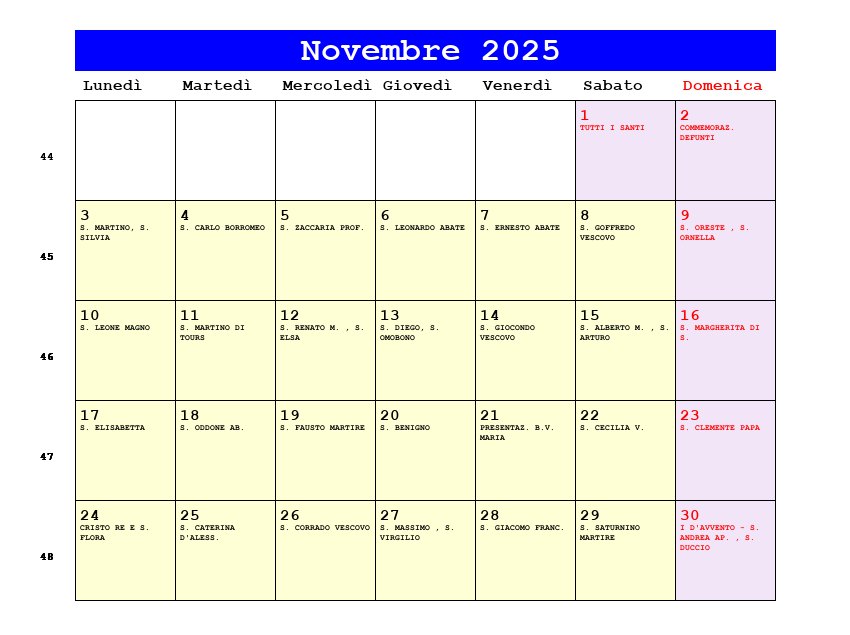 Calendario da stampare Novembre 2025