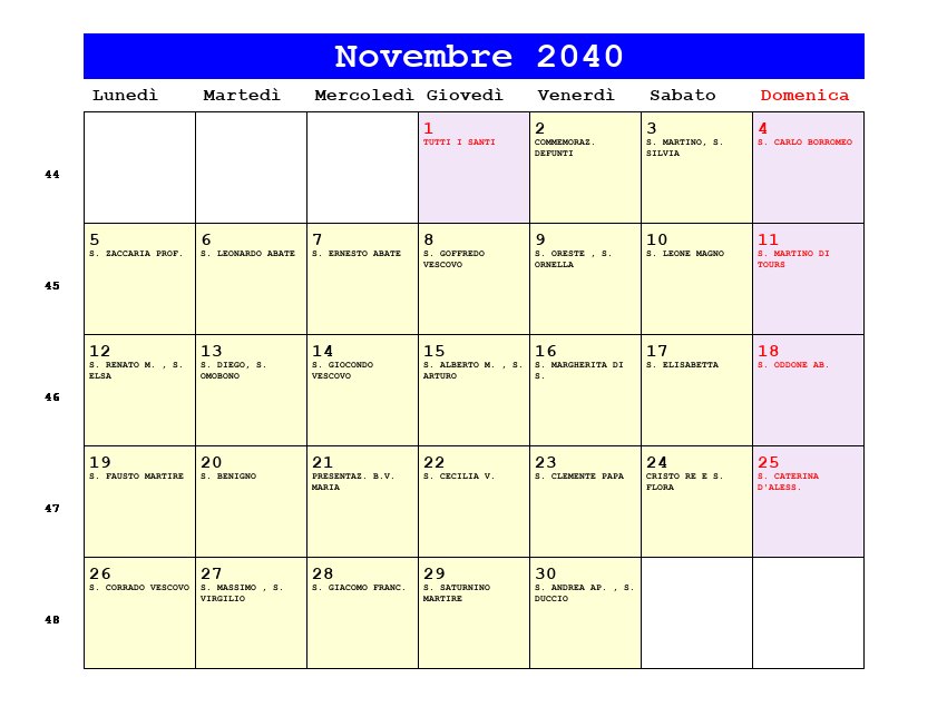 Calendario da stampare Novembre 2040
