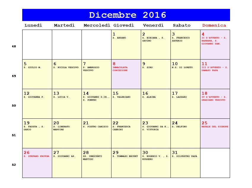Calendario da stampare Dicembre 2016
