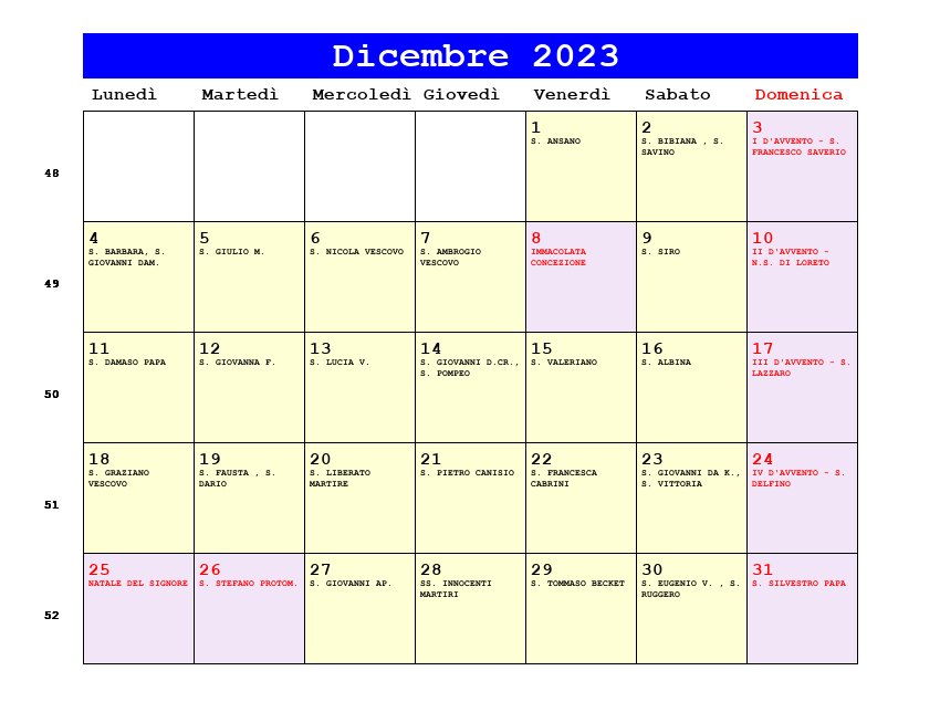 Calendario da stampare Dicembre 2023