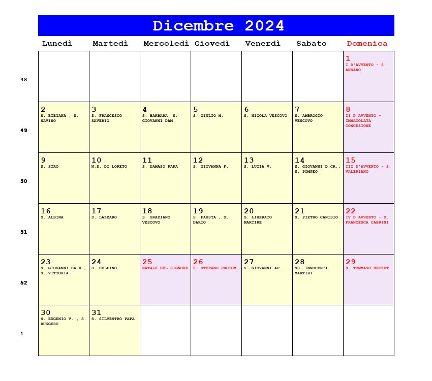 Calendario da stampare Dicembre 2024