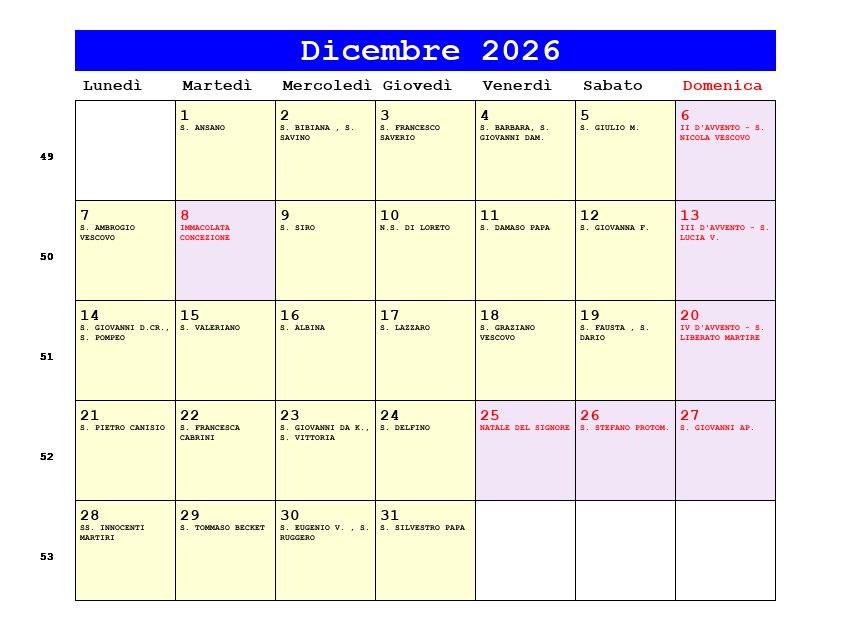 Calendario da stampare Dicembre 2026