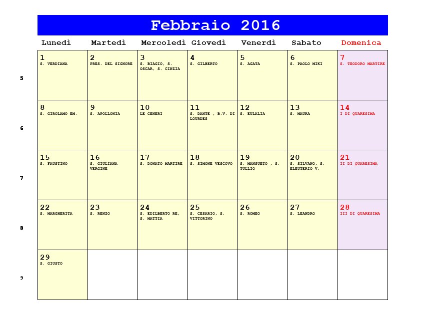 Calendario da stampare Febbraio 2016