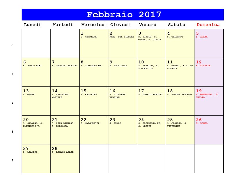Calendario da stampare Febbraio 2017