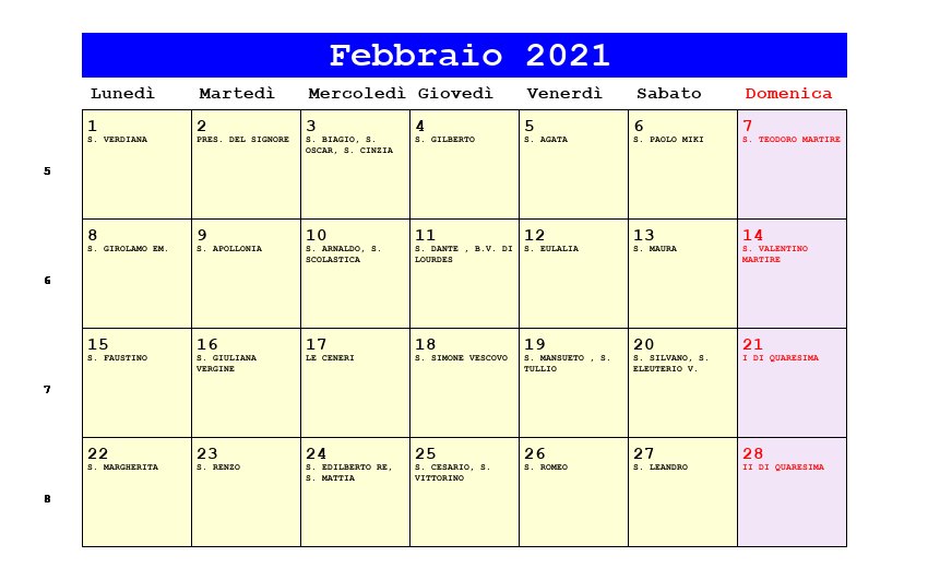 Calendario da stampare Febbraio 2021