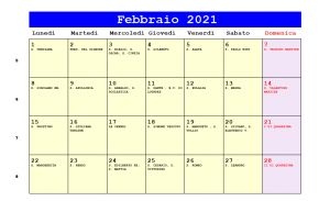 Calendario da stampare - Febbraio 2021