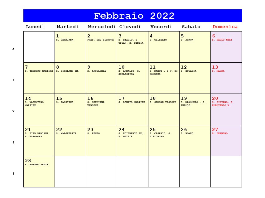 Calendario da stampare Febbraio 2022