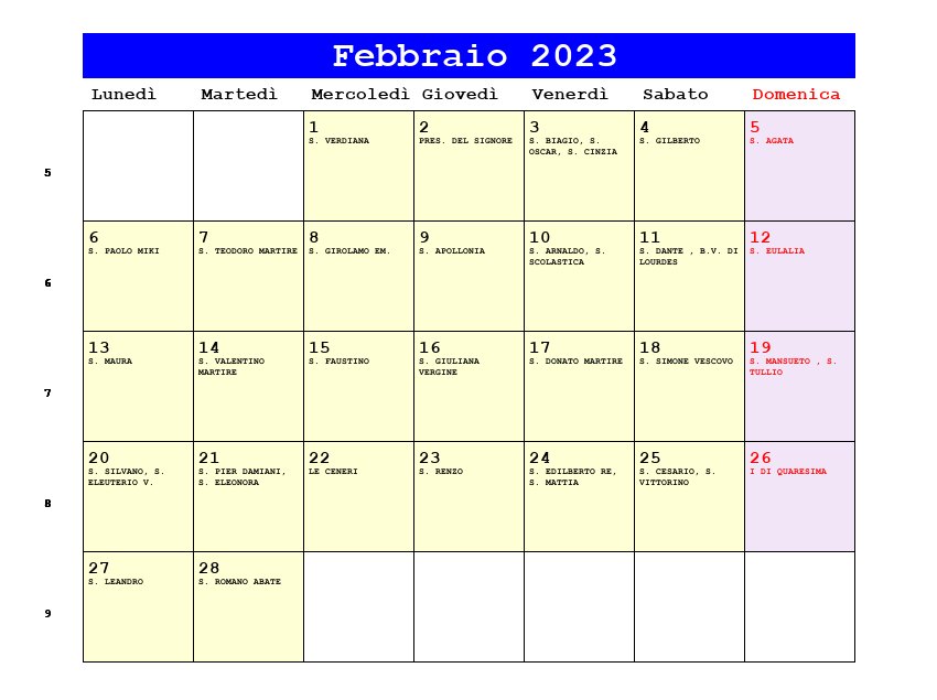 Calendario da stampare Febbraio 2023
