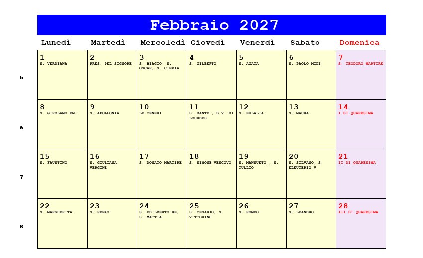 Calendario da stampare Febbraio 2027