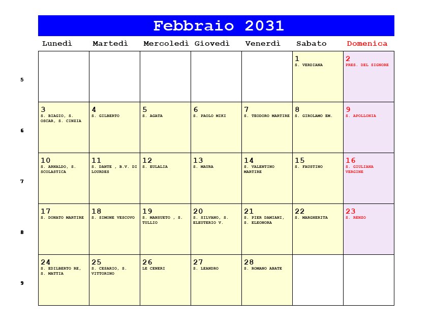 Calendario da stampare Febbraio 2031