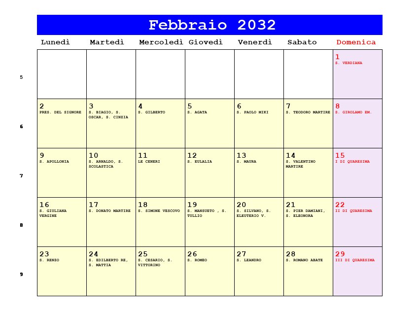Calendario da stampare Febbraio 2032