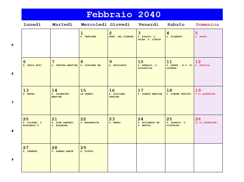 Calendario da stampare Febbraio 2040