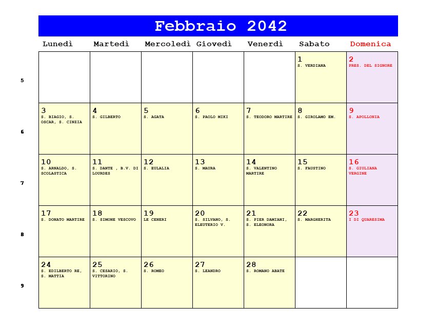 Calendario da stampare Febbraio 2042