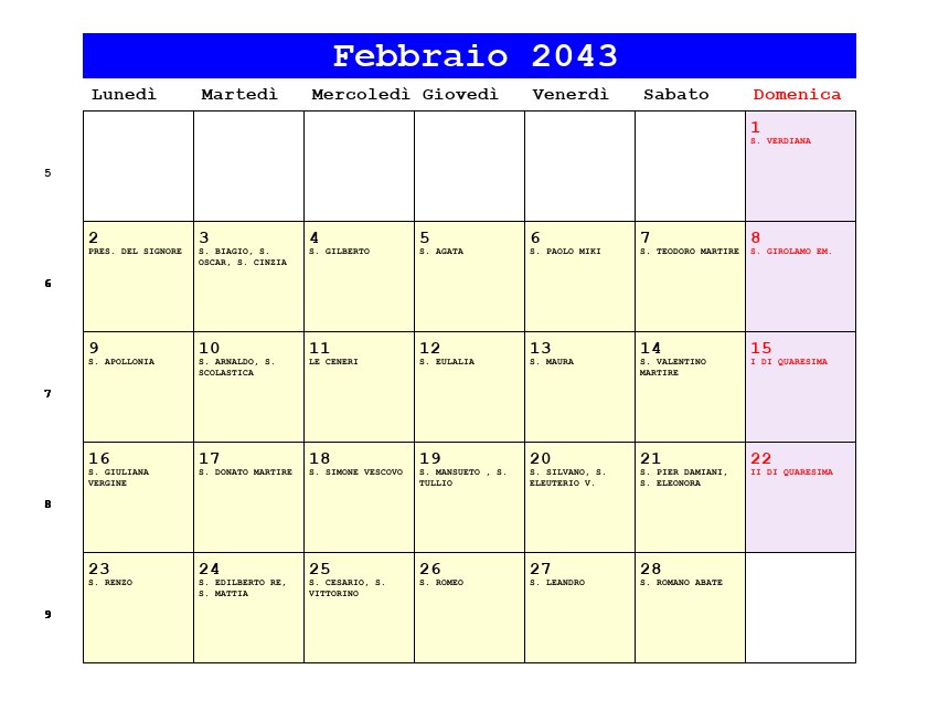 Calendario da stampare Febbraio 2043