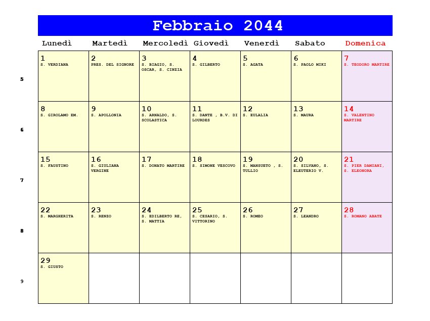 Calendario da stampare Febbraio 2044