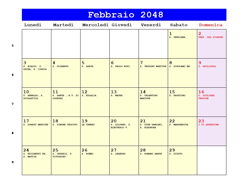 Calendario da stampare Febbraio 2048