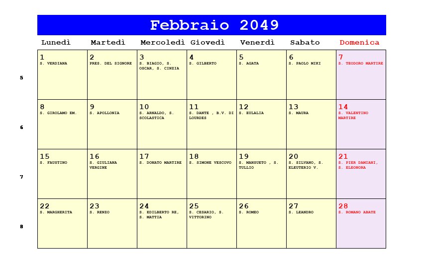 Calendario da stampare Febbraio 2049