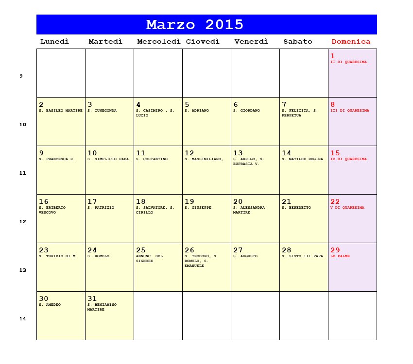 Calendario da stampare Marzo 2015