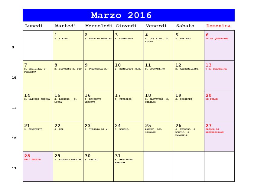Calendario da stampare Marzo 2016