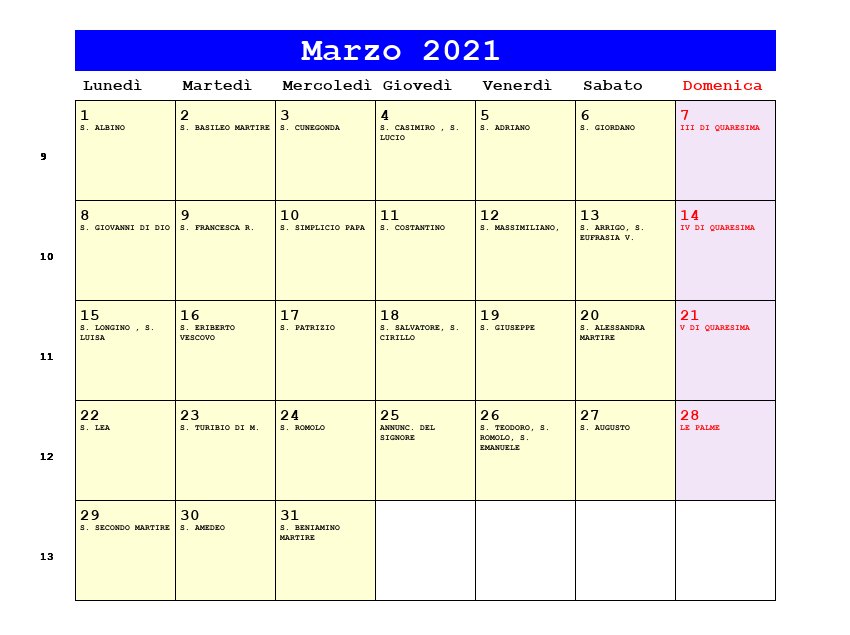 Calendario da stampare Marzo 2021